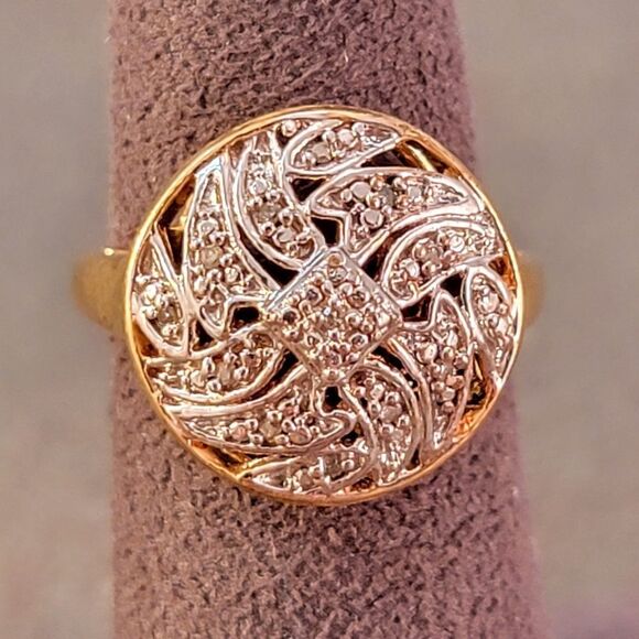 Sterling Ornate Two Tone Diamond Round Ring - Picture 2 of 6